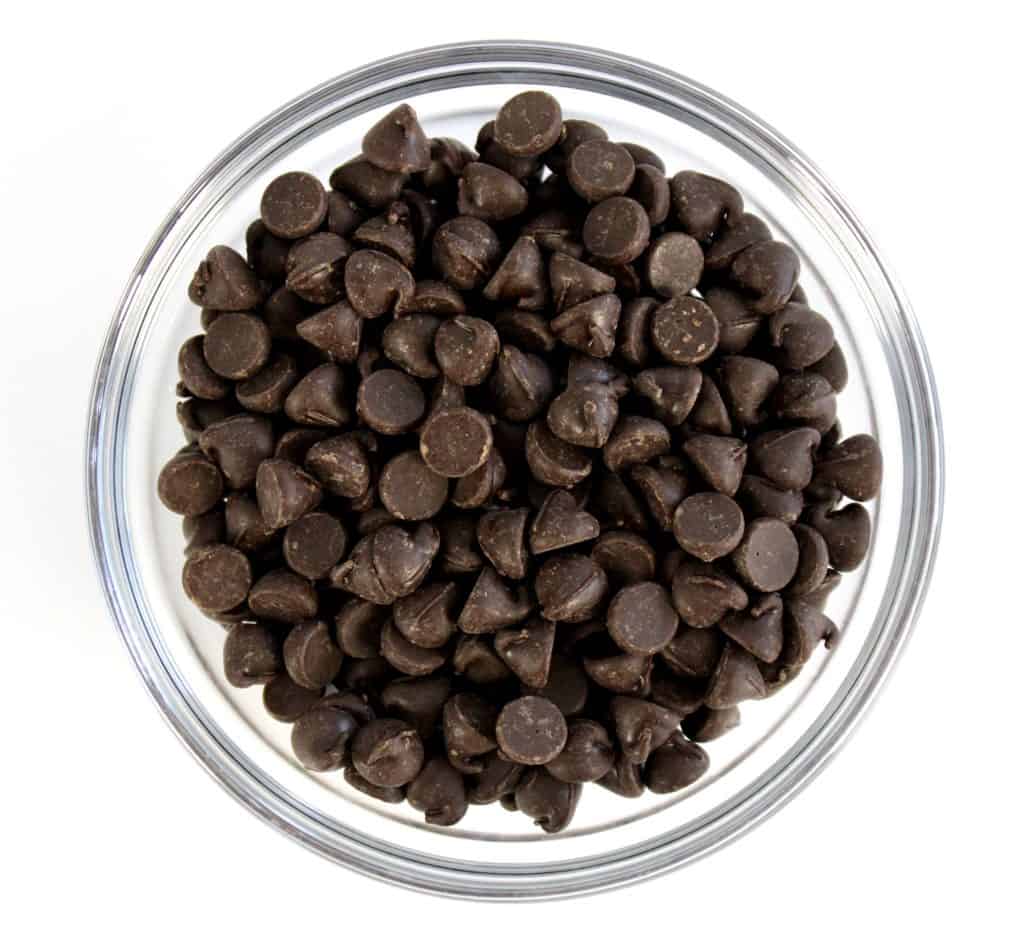 chocolate chips in glass bowl