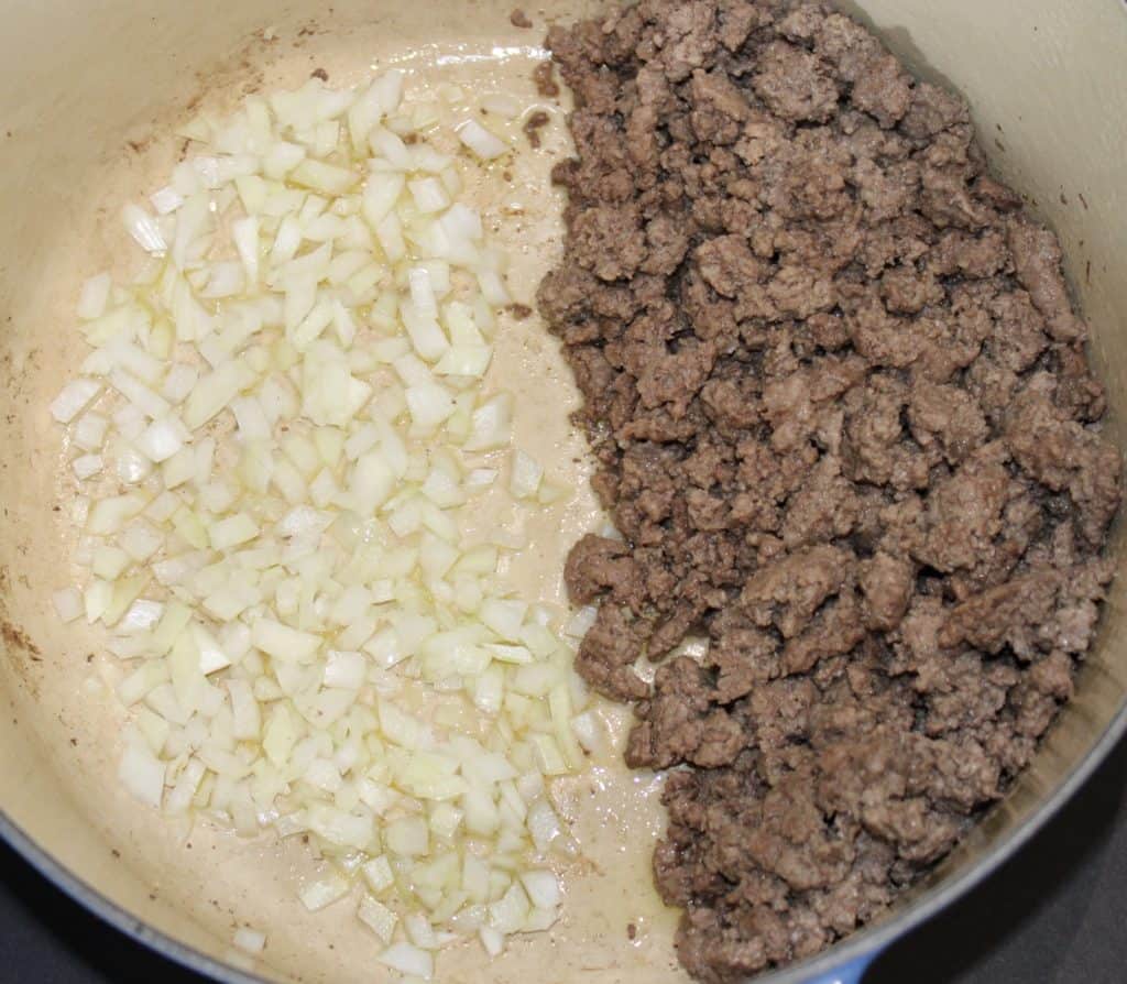 browned ground beef and onions in pot