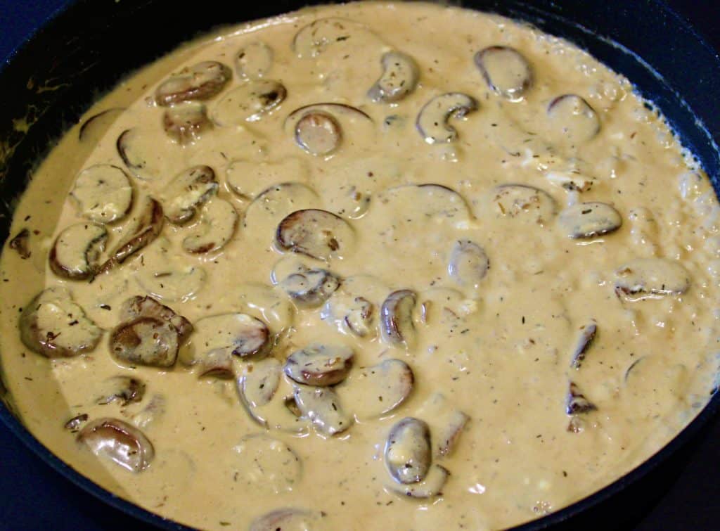 mushroom cream sauce in skillet