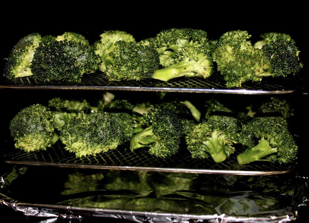 2 racks of broccoli florets in air fryer