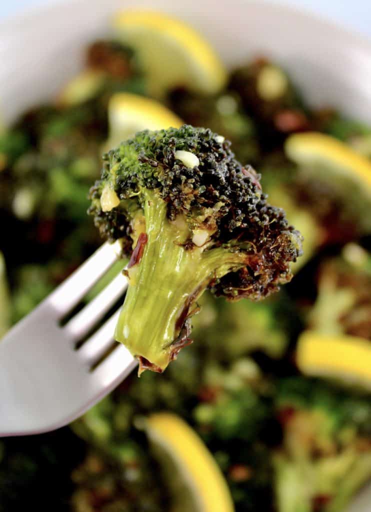 closeup of Air Fryer Broccoli on fork