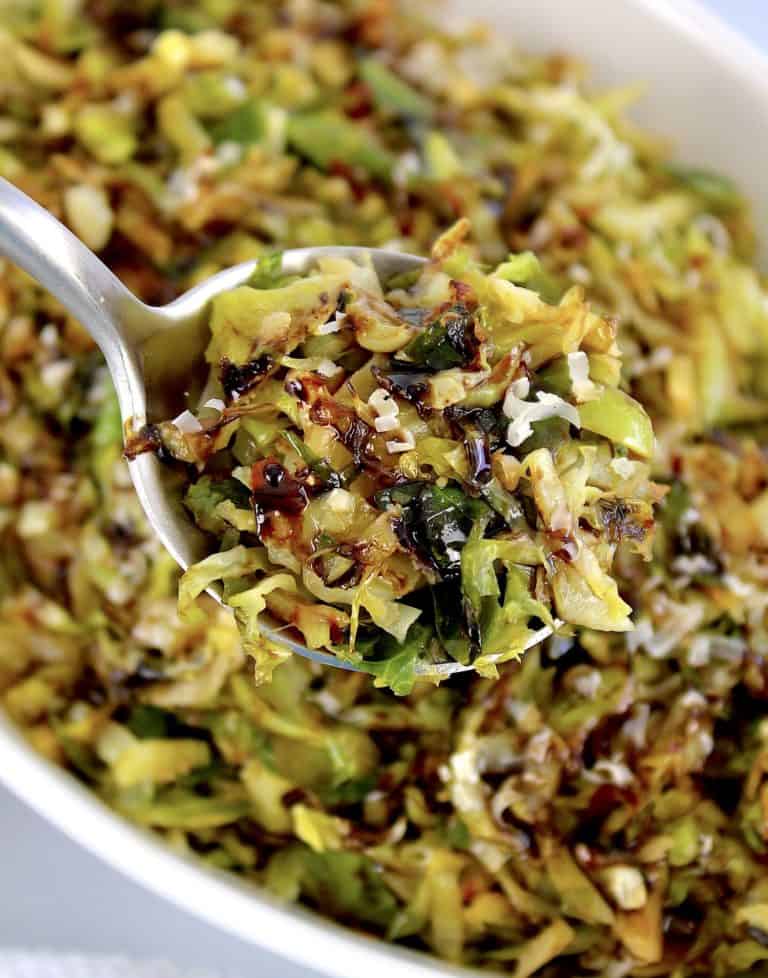 Keto Shredded Brussels Sprouts held up in spoon