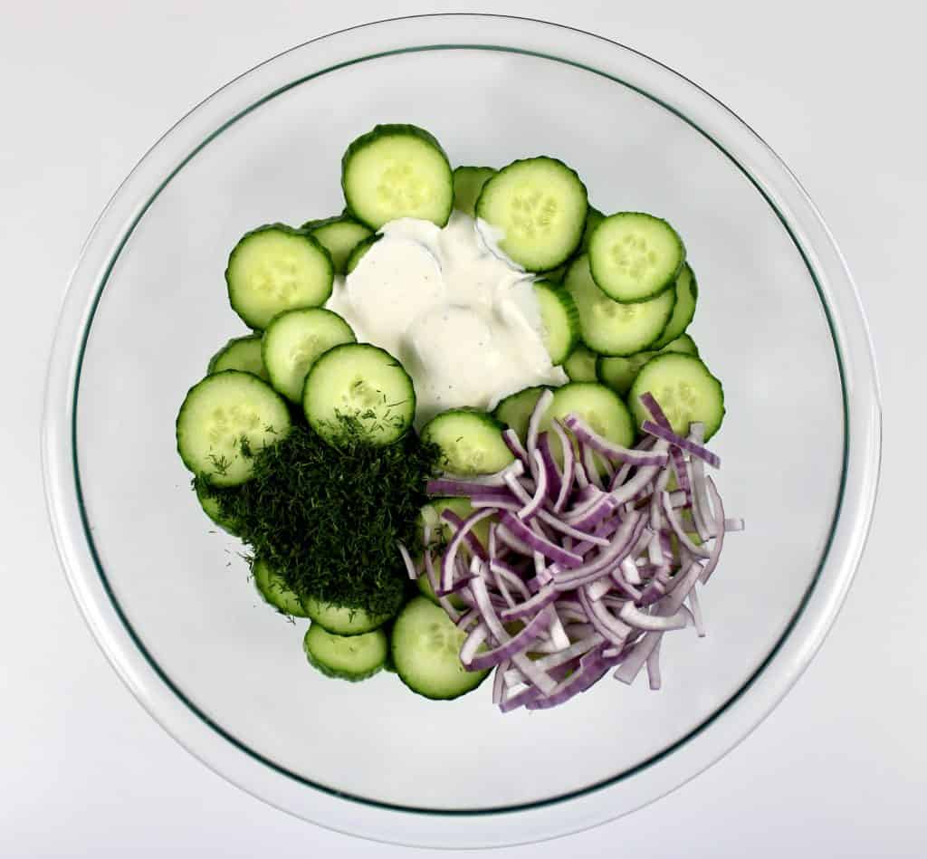 Creamy Cucumber Salad ingredients unmixed