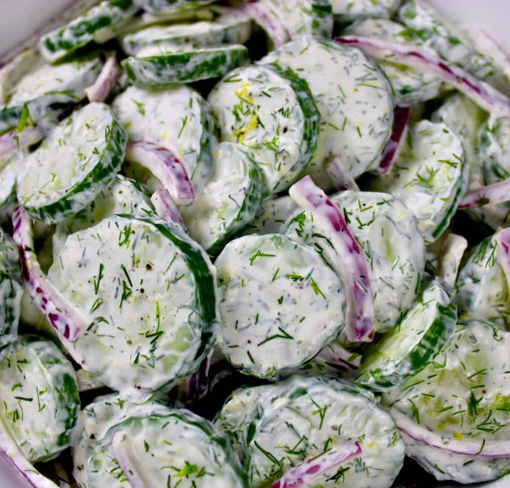closeup of Creamy Cucumber Salad with dill