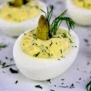 closeup of dill pickled deviled egg