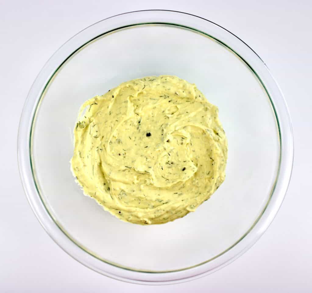 deviled eggs mixture in glass bowl