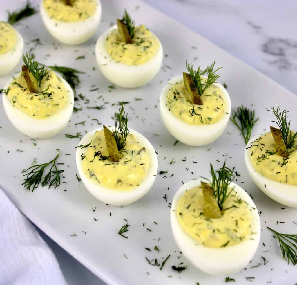 overhead view of Dill Pickle Deviled Eggs with dill garnish