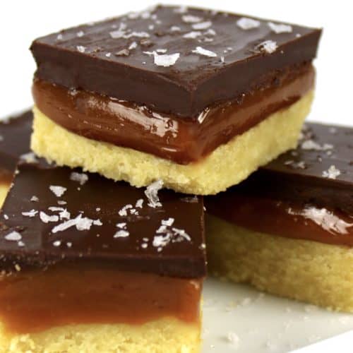 closeup of Caramel Slice squares stacked up