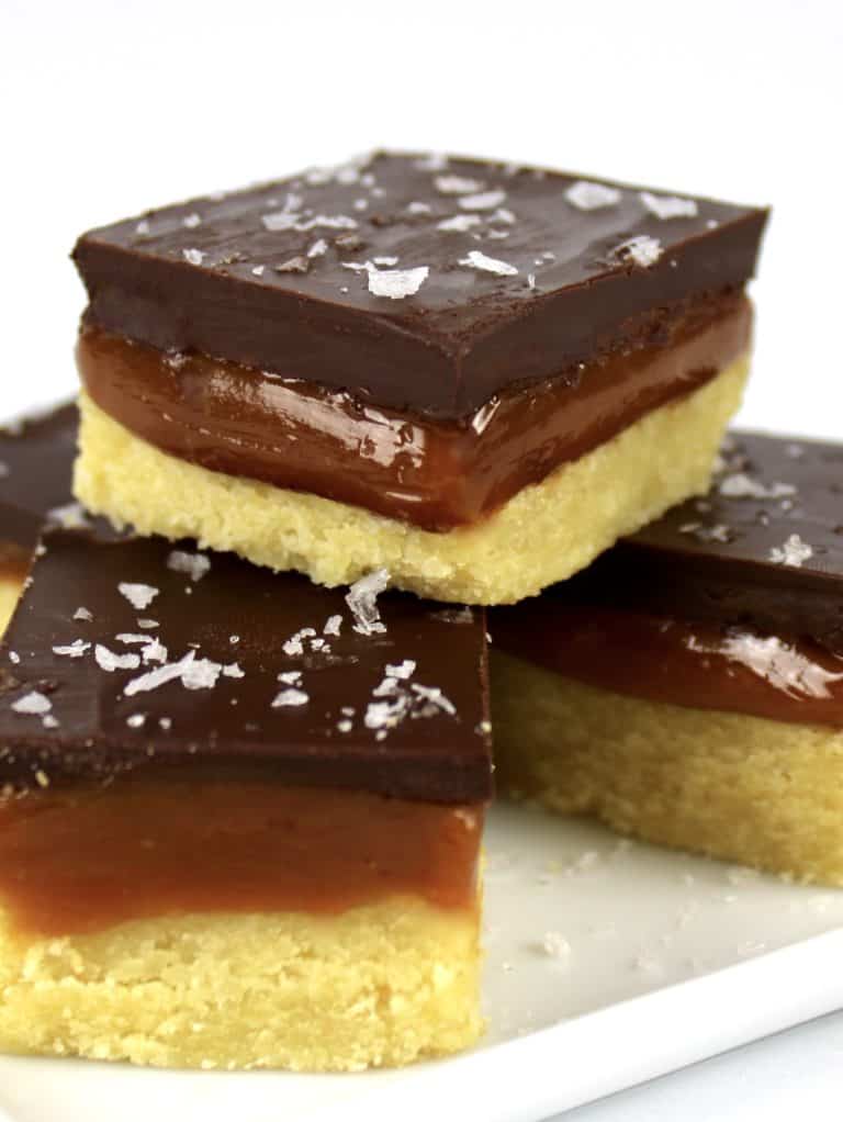 closeup of Caramel Slice squares stacked up