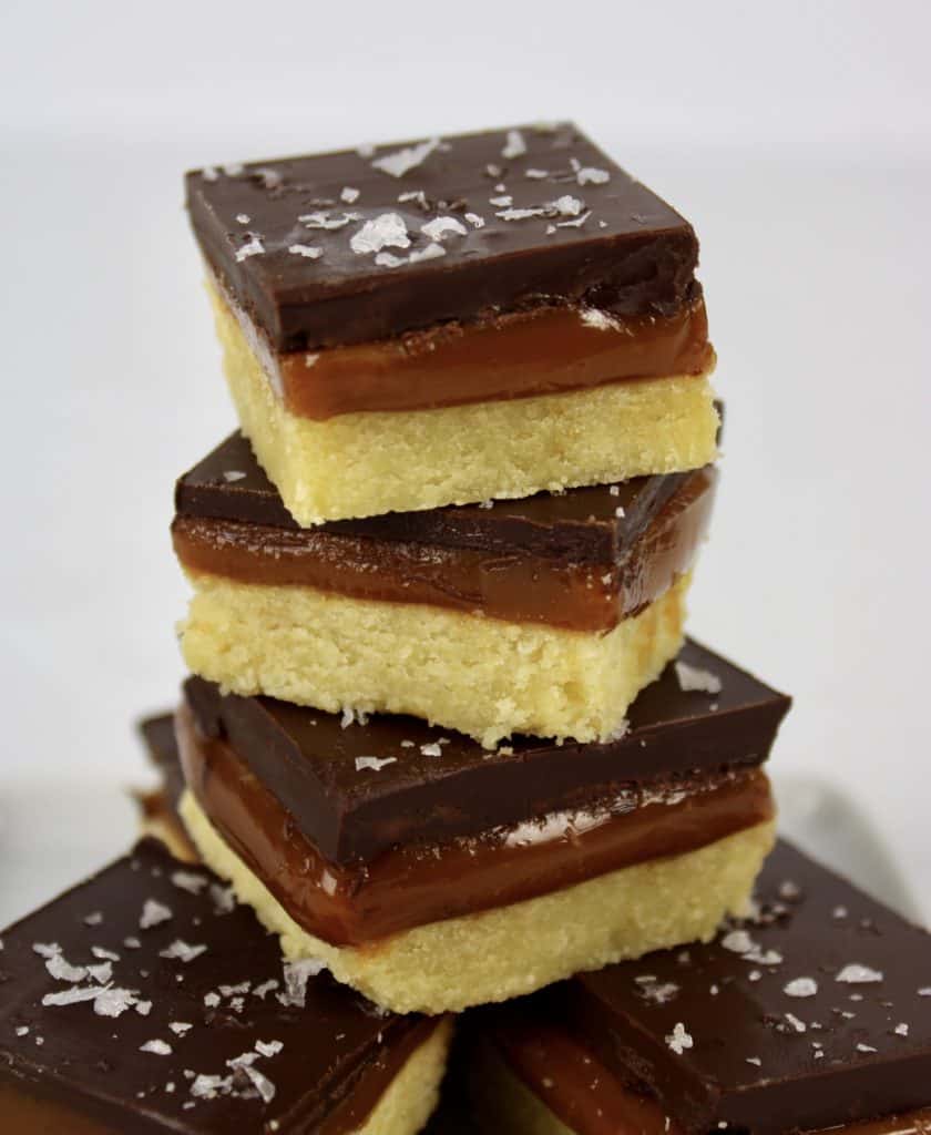 caramel slice squares stacked up on each other