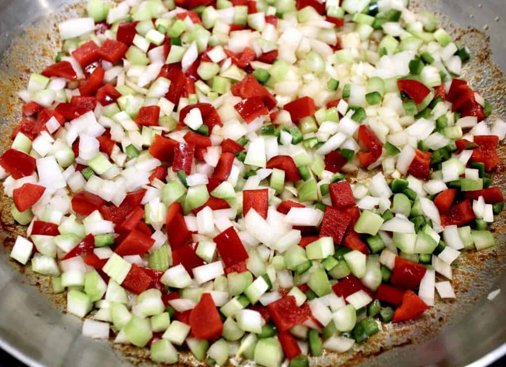diced celery onion red pepper in skillet