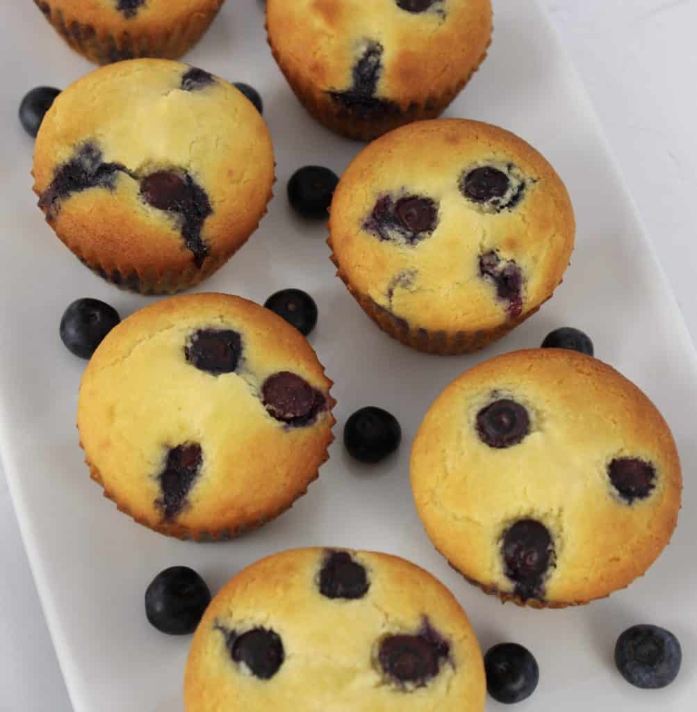 overhead view of blueberry muffins on white plate with blueberries around