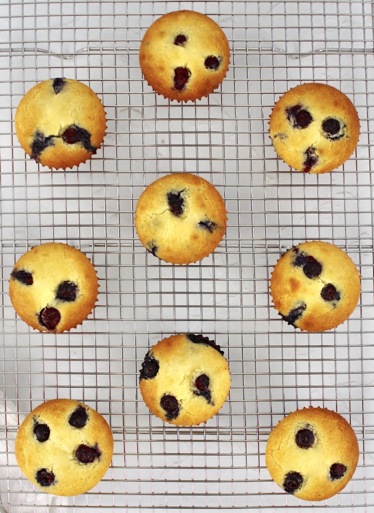 overhead view of blueberry muffins on cooling rack