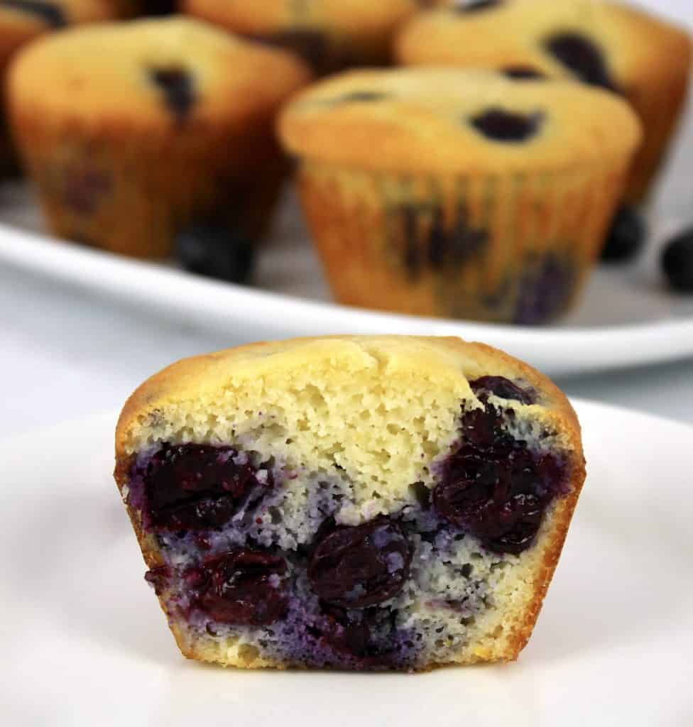 closeup of blueberry muffin cut in half