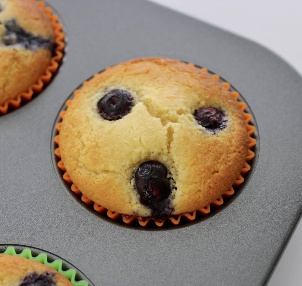 closeup of blueberry muffin in baking pan