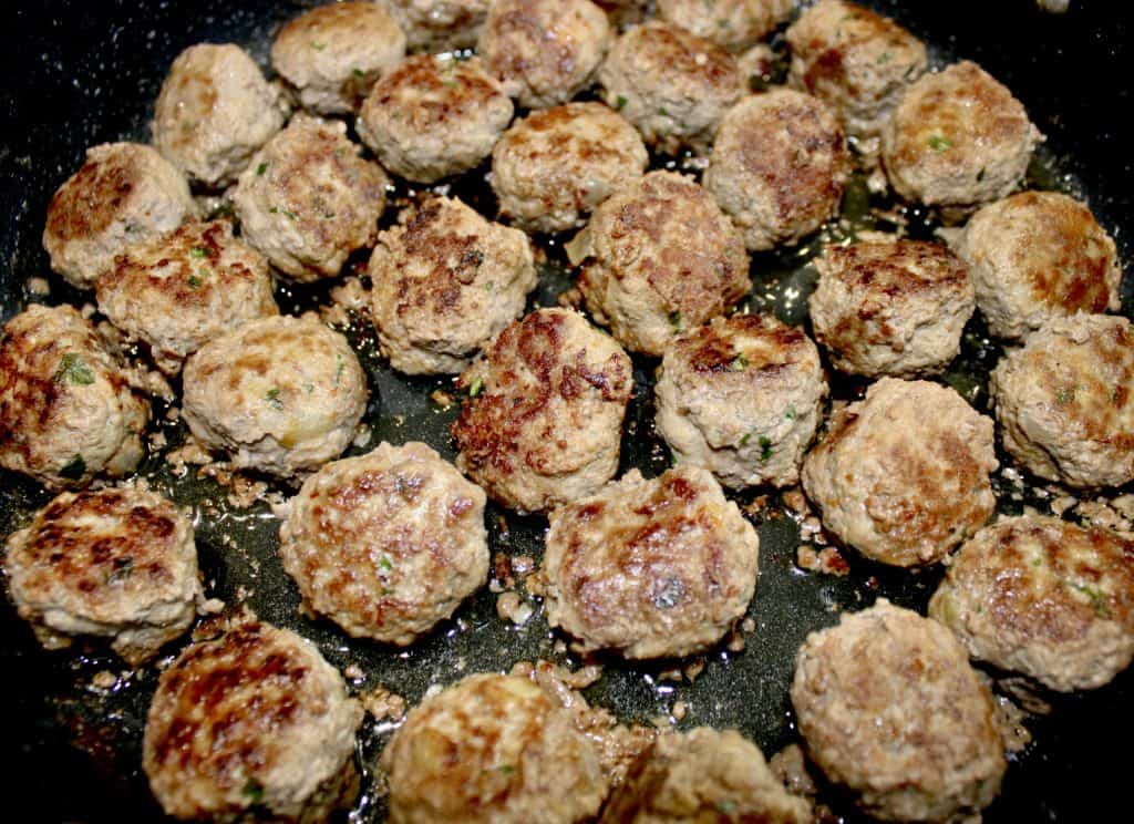cooked Keto Salisbury Steak Meatballs in skillet