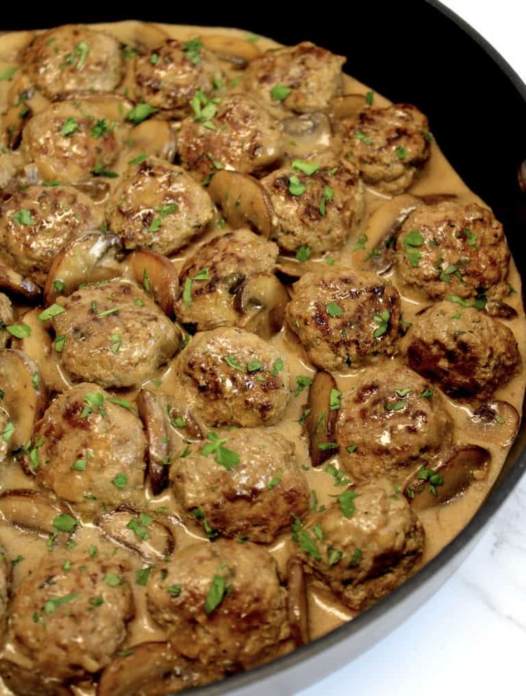Keto Salisbury Steak Meatballs in skillet with parsley on top