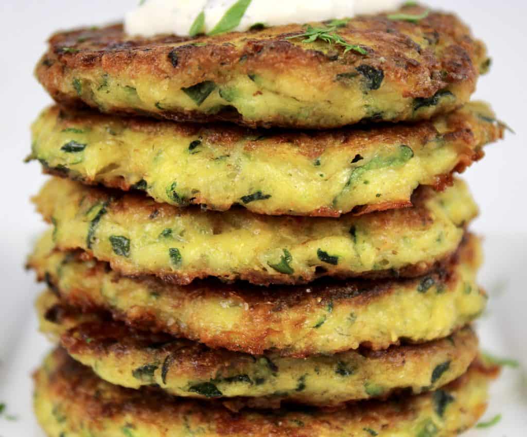 closeup of Keto Zucchini Fritters stacked up