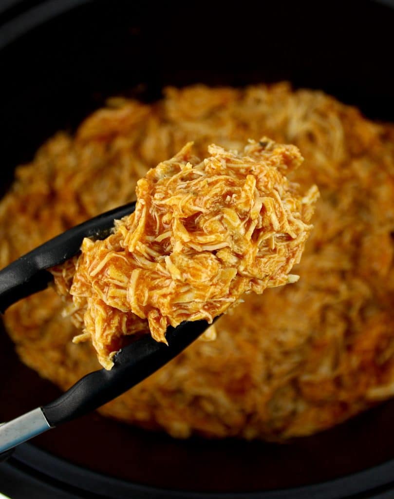 buffalo shredded chicken held up with black tongs