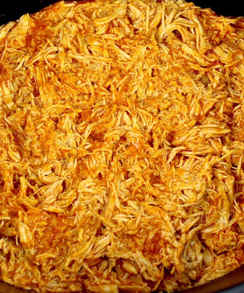 closeup view of Slow Cooker Buffalo Chicken shredded
