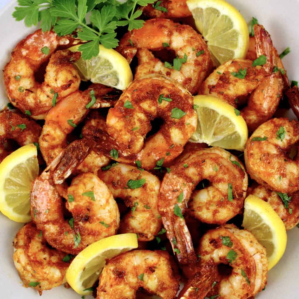 Air Fryer Blackened Shrimp with lemon slices