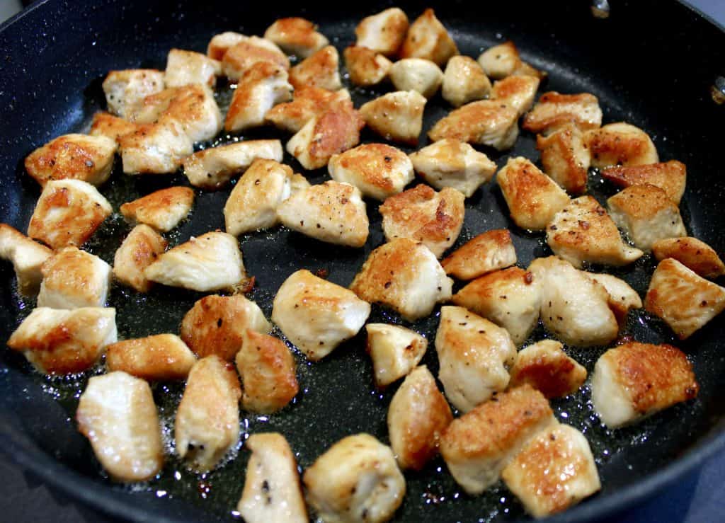 Sauteed chicken chunks in skillet
