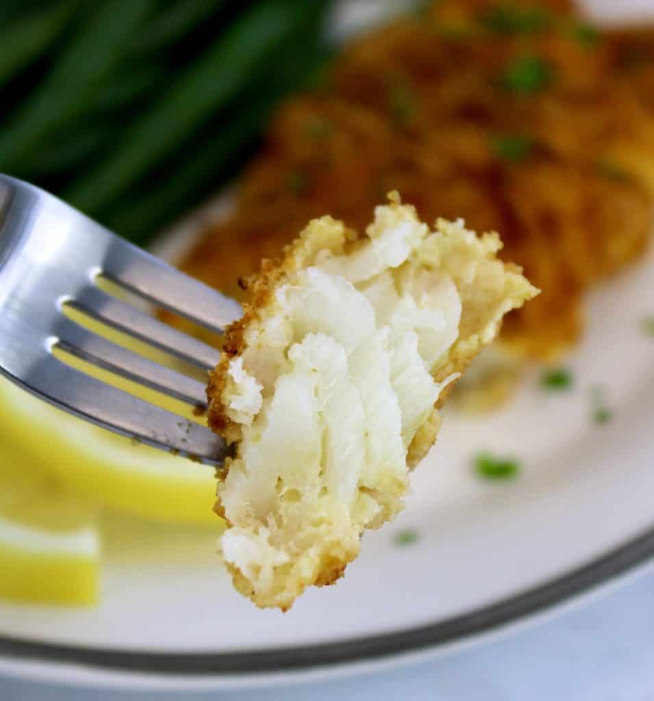 piece of fried fish on fork