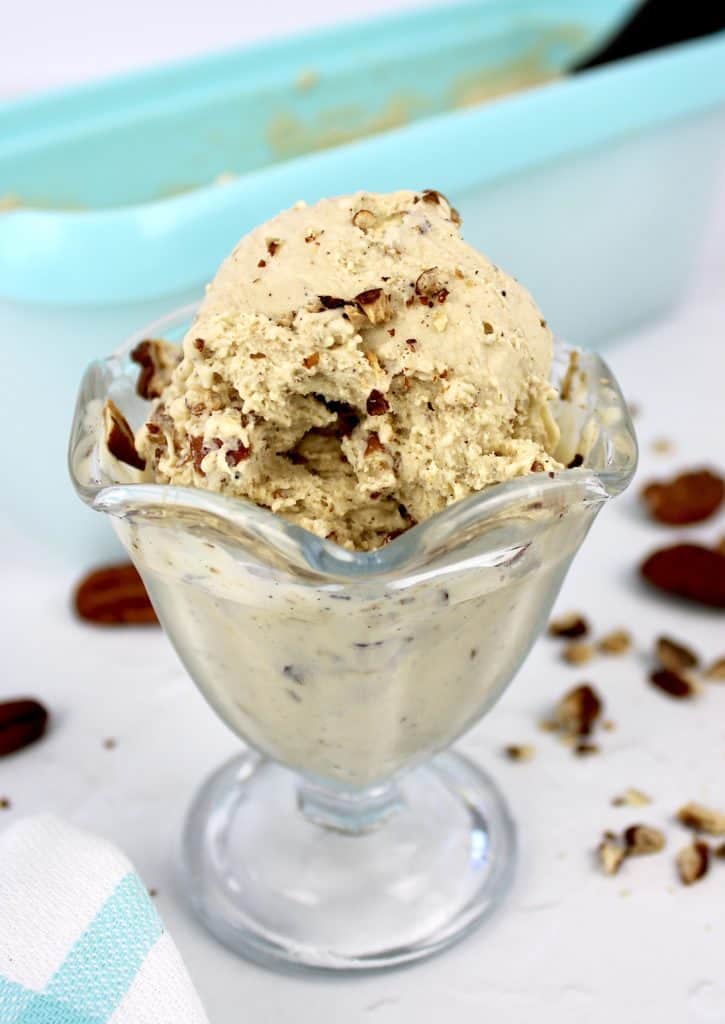 butter pecan ice cream in glass dish