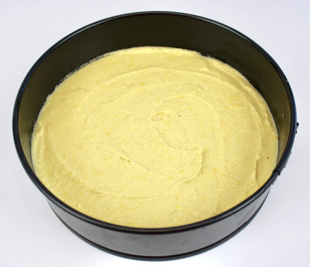 lemon ricotta cake in pan unbaked