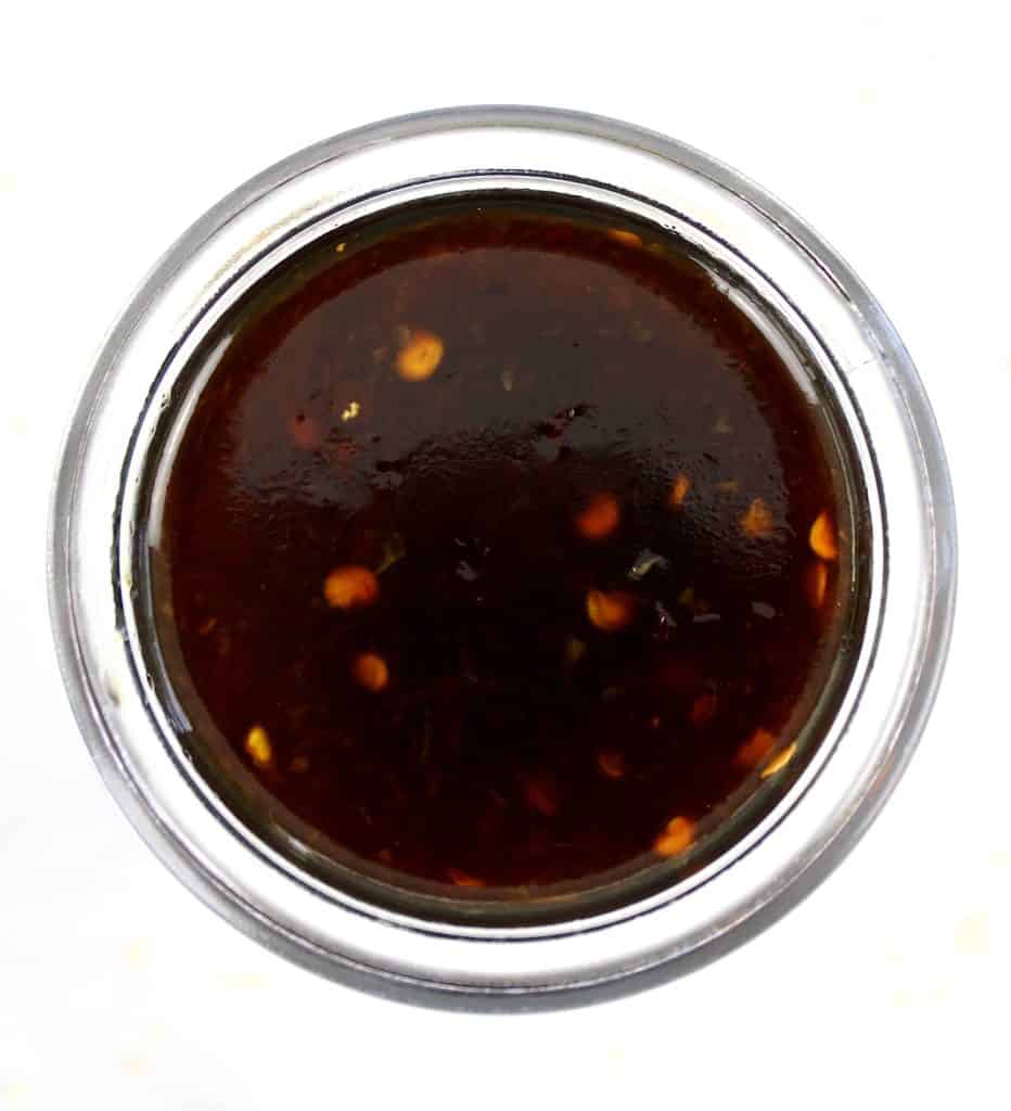 overhead view of Keto Teriyaki Sauce in open glass jar