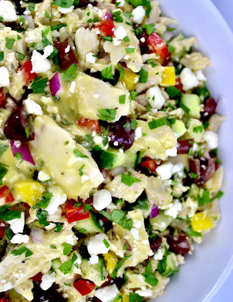 closeup of Mediterranean Tuna Salad in white bowl