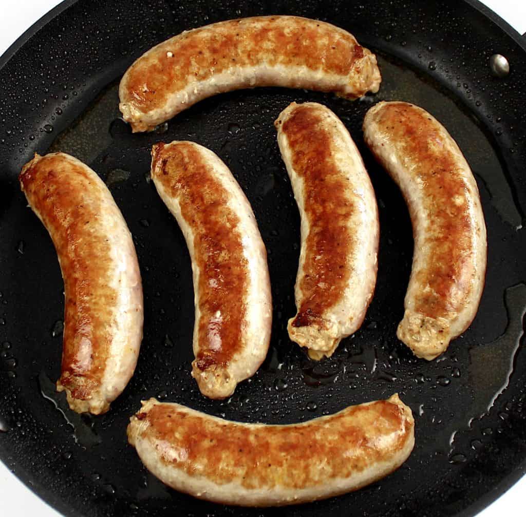 6 Italian sausage links in skillet cooked