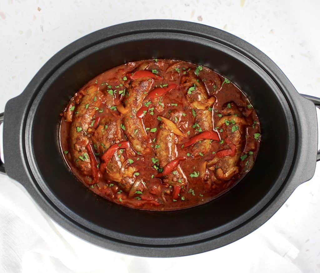 Crock Pot Sausage and Peppers in crockpot cooked