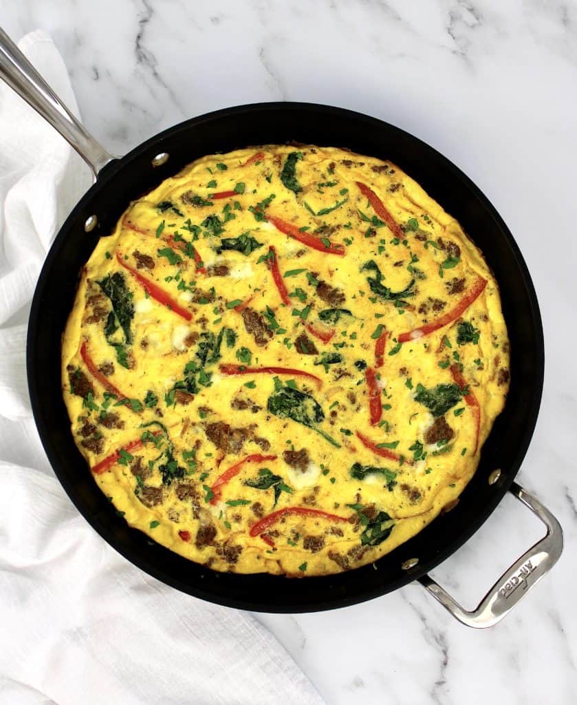 overhead view of frittata in skillet