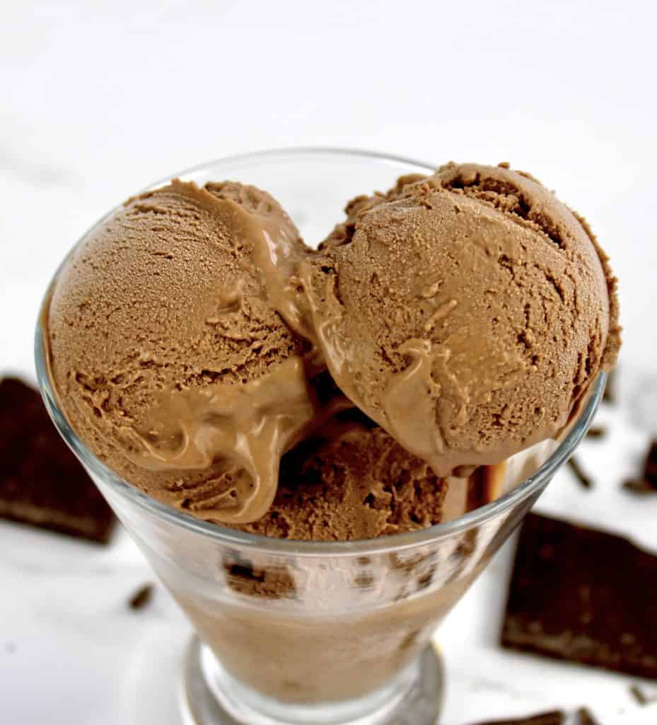 closeup of 2 scoops of chocolate ice cream in glass