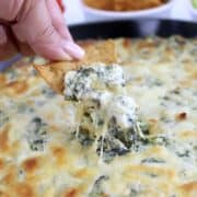 Spinach Artichoke Dip being scooped with tortilla chip