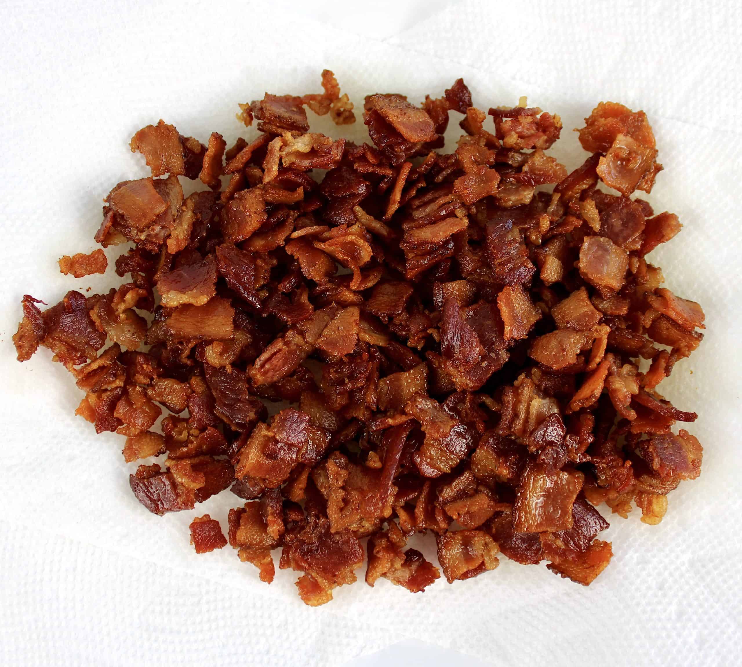 crisp chopped bacon on paper towels