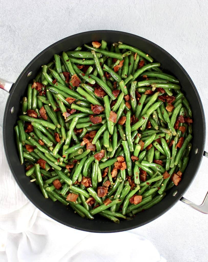 overhead view of Green Beans with Bacon in skillet