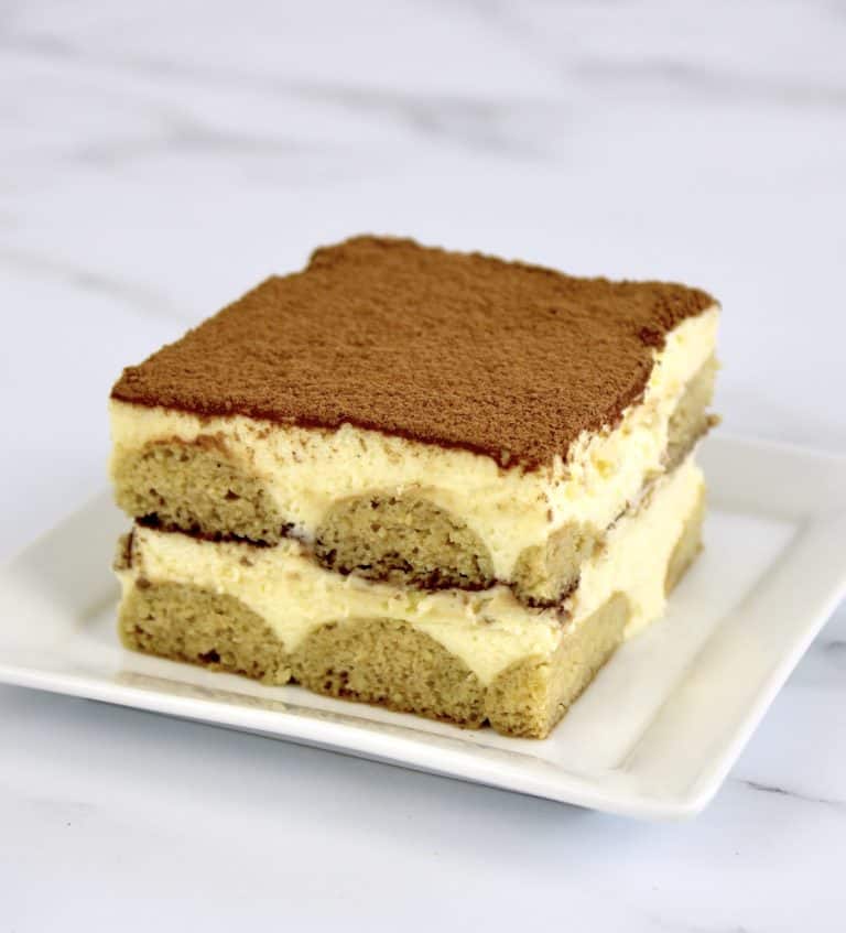 slice of tiramisu on white plate