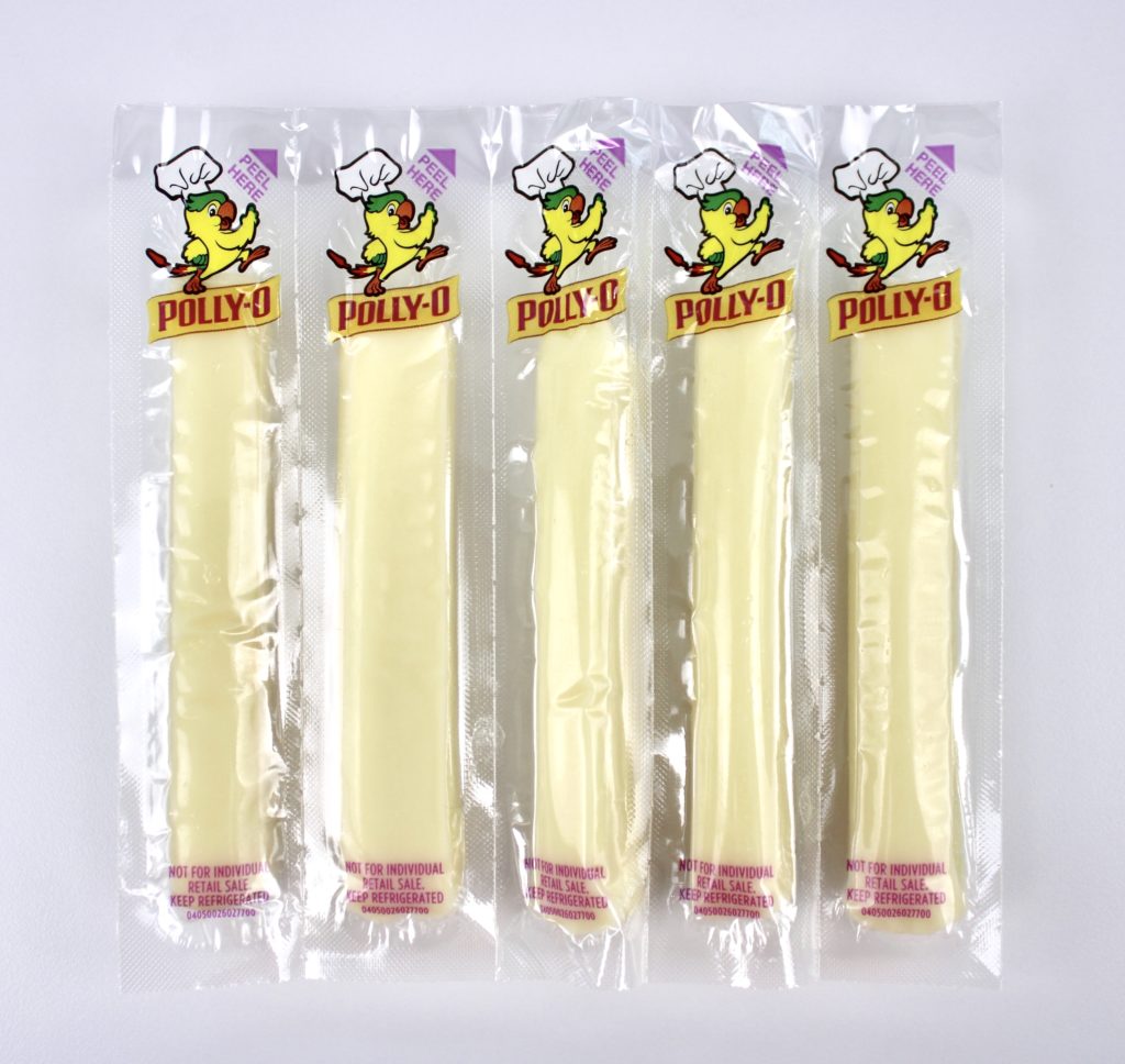 5 mozzarella cheese sticks in plastic wrappers