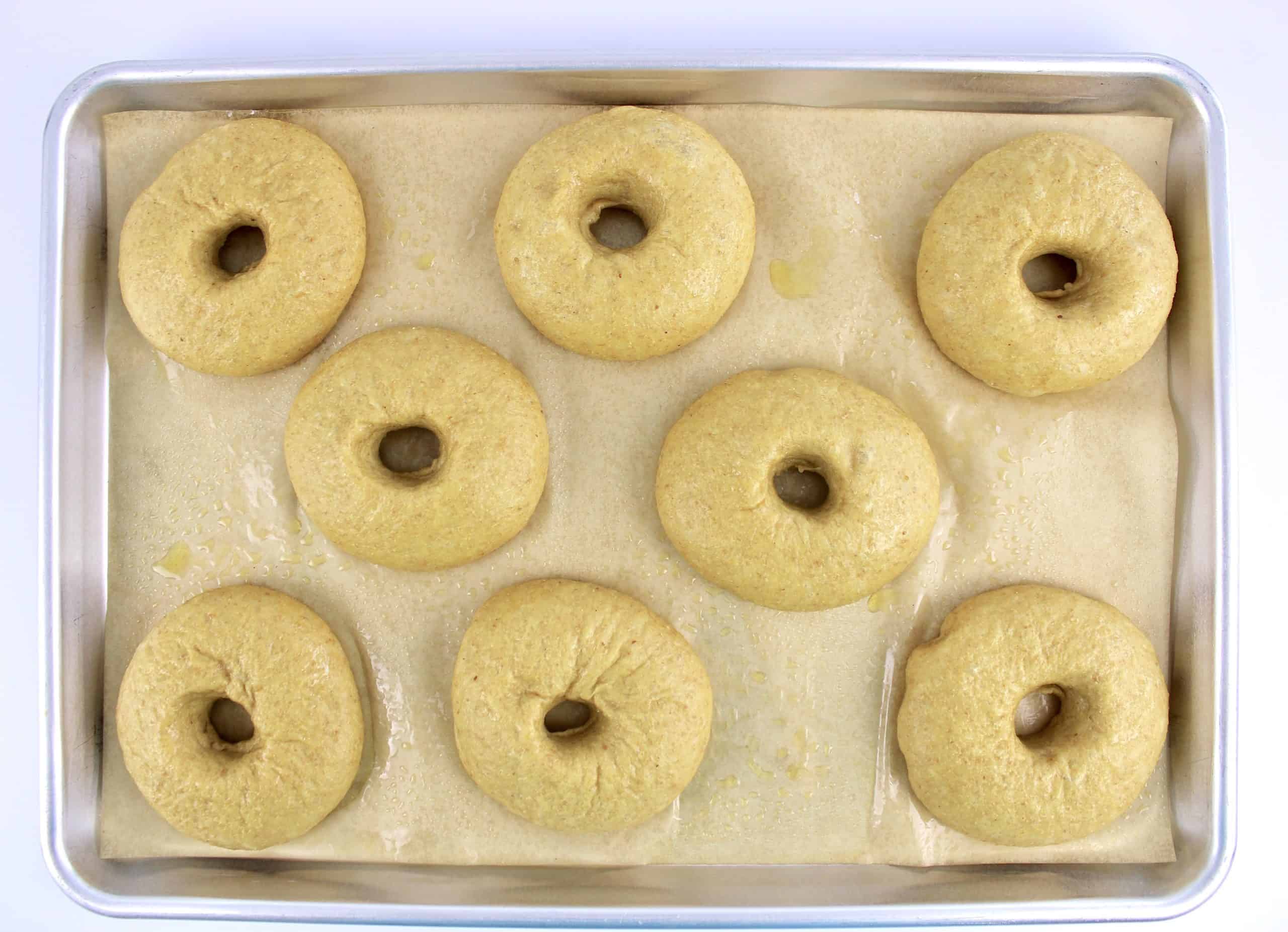 8 raw bagels on parchment lined baking sheet