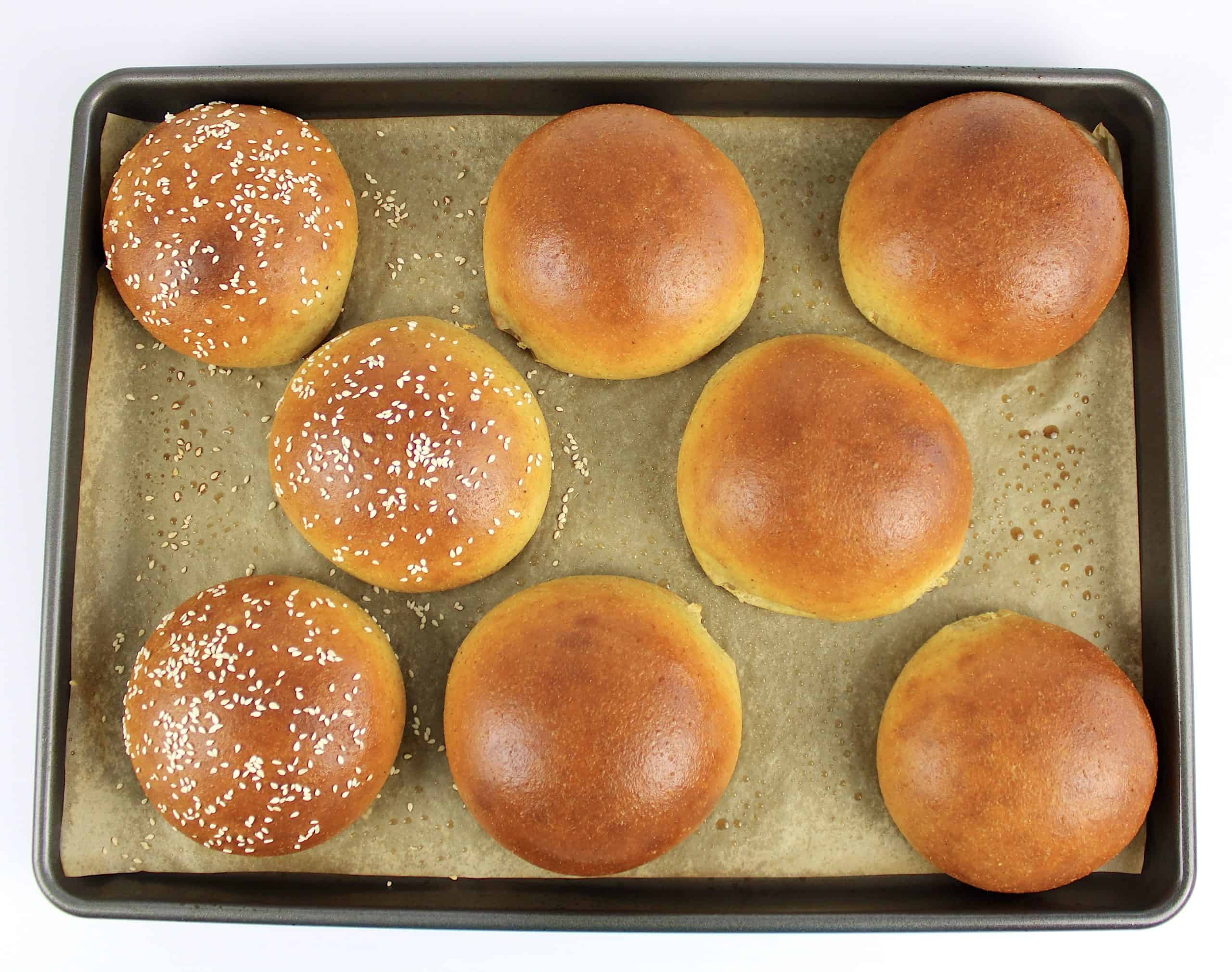 baked keto buns on baking sheet lined with parchment paper