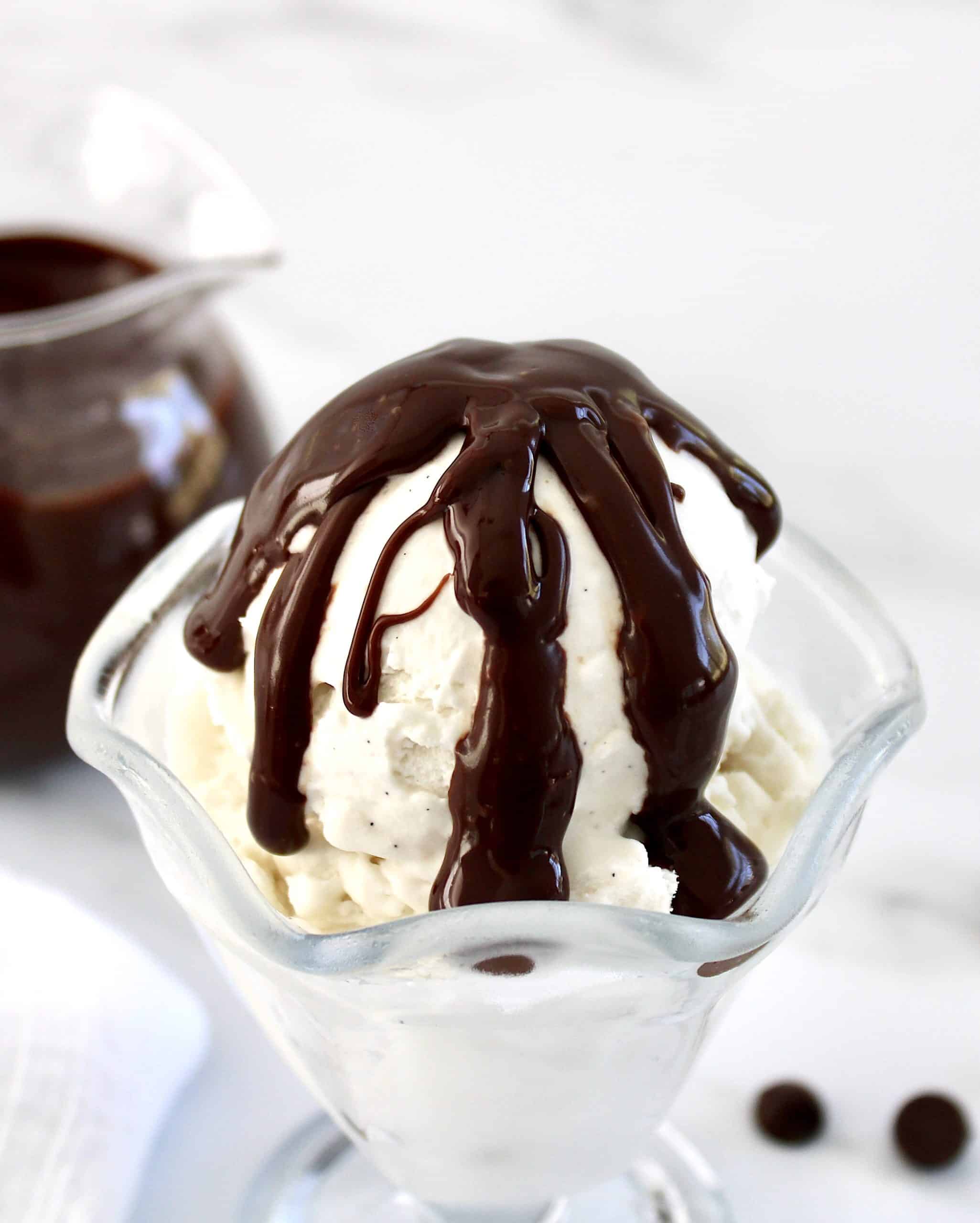 chocolate sauce dripped over vanilla ice cream