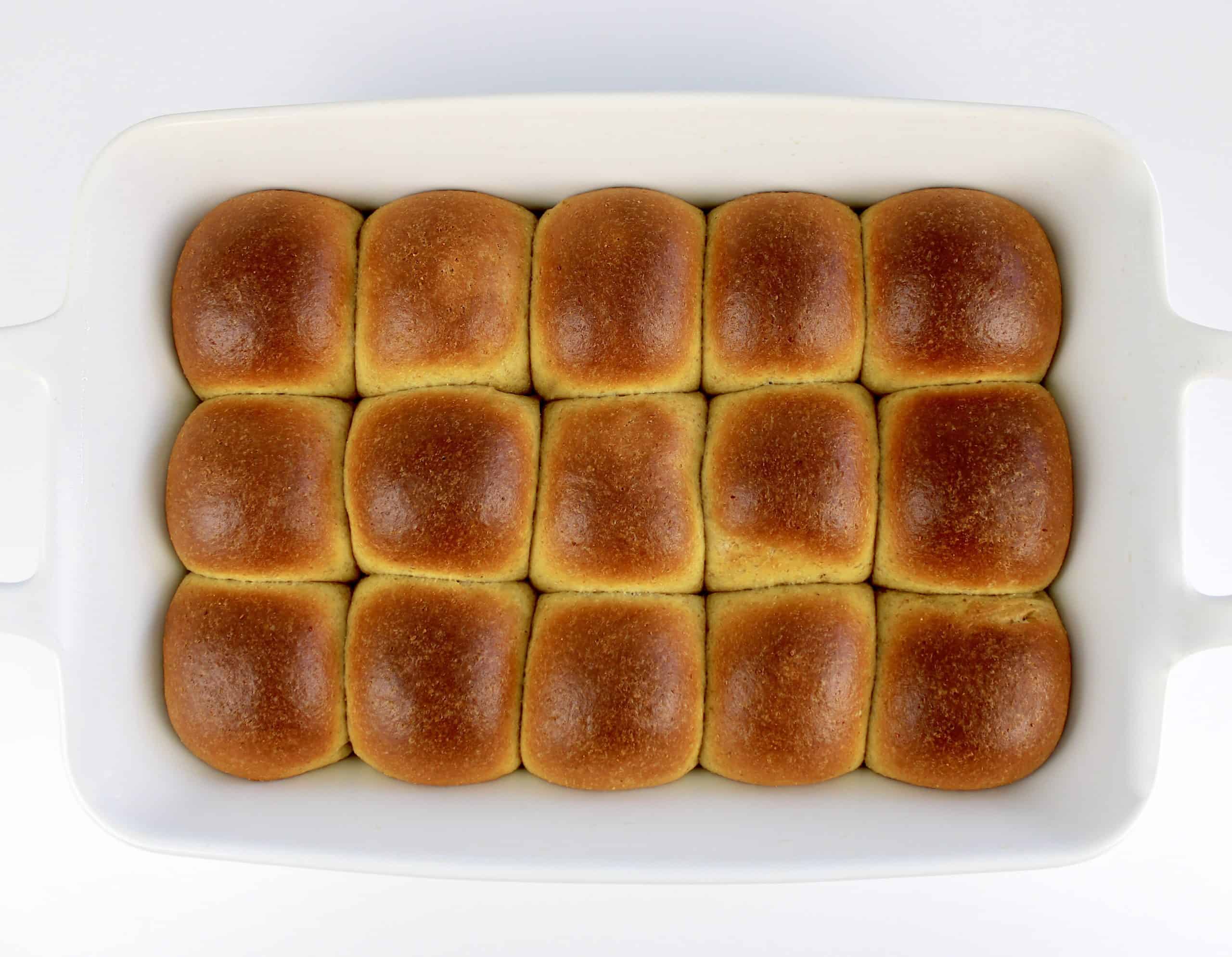 baked dinner rolls in white baking dish