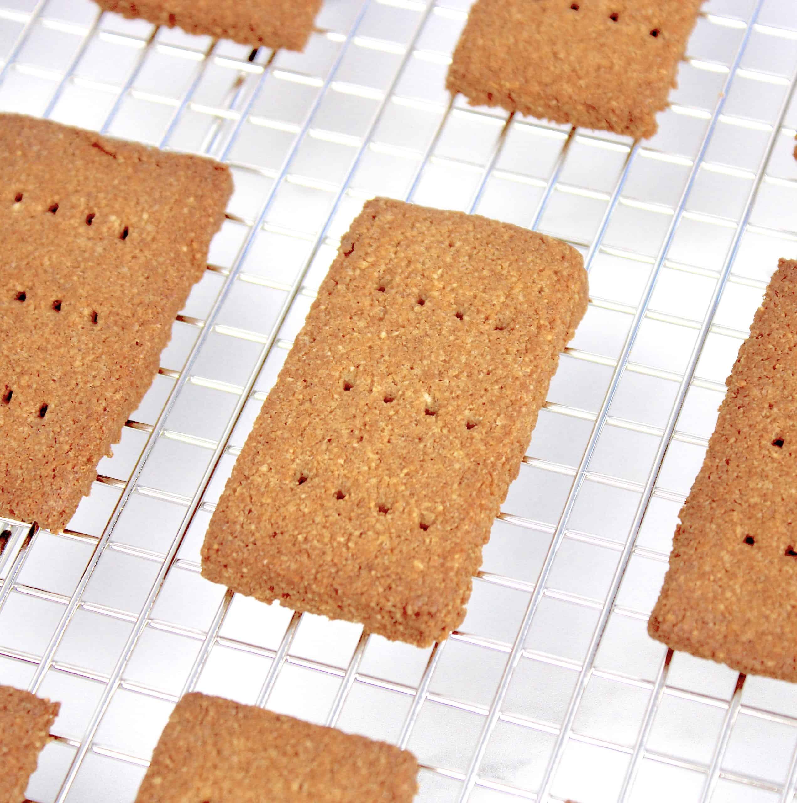 closeup of graham crackers on cooling rack
