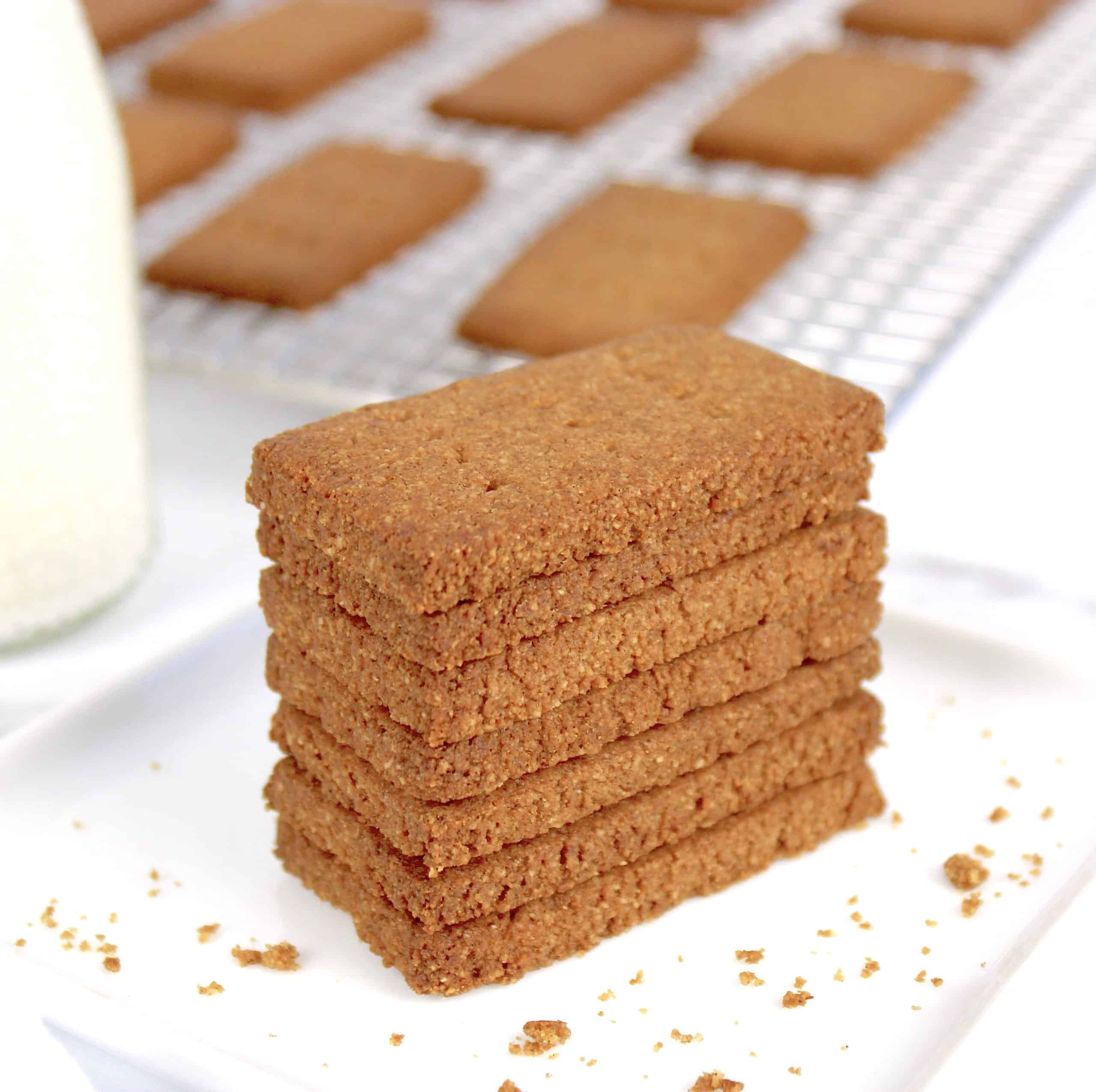stack of graham crackers on white plate with milk bottle on side