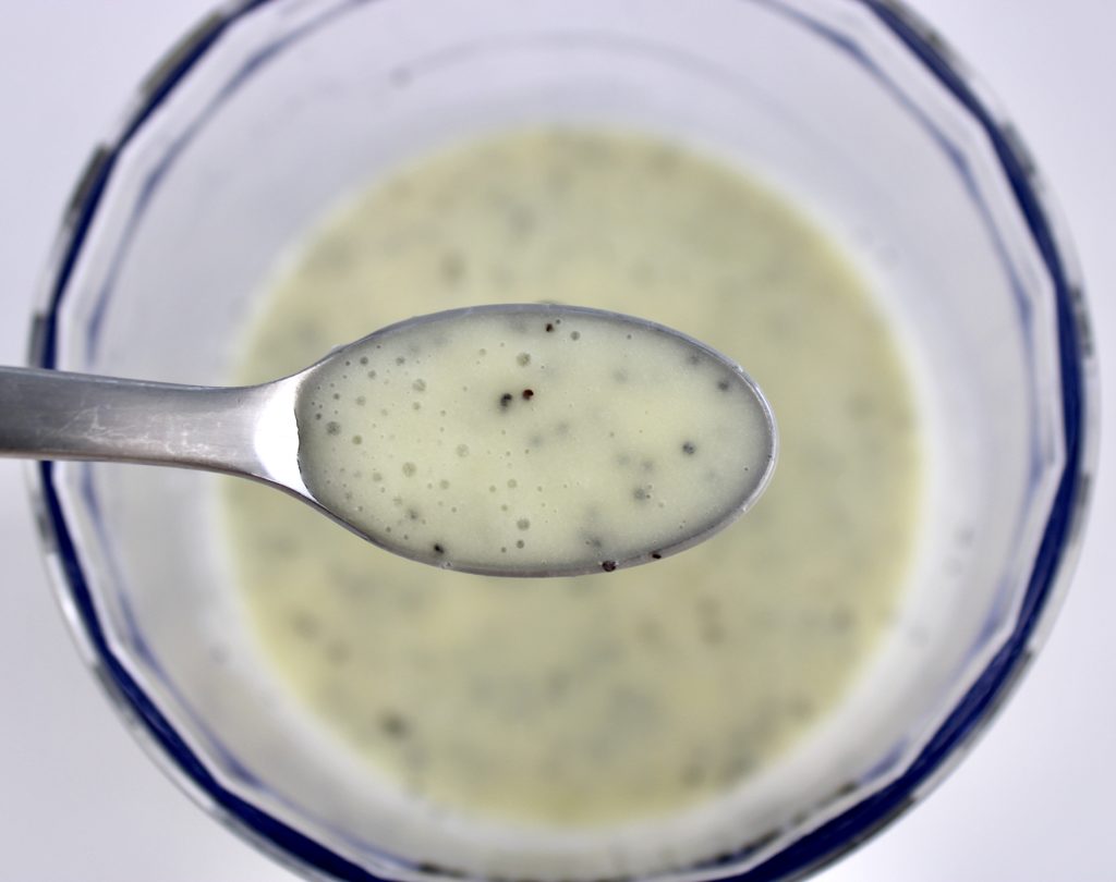 Lemon Poppy Seed Dressing in immersion blender with spoonful