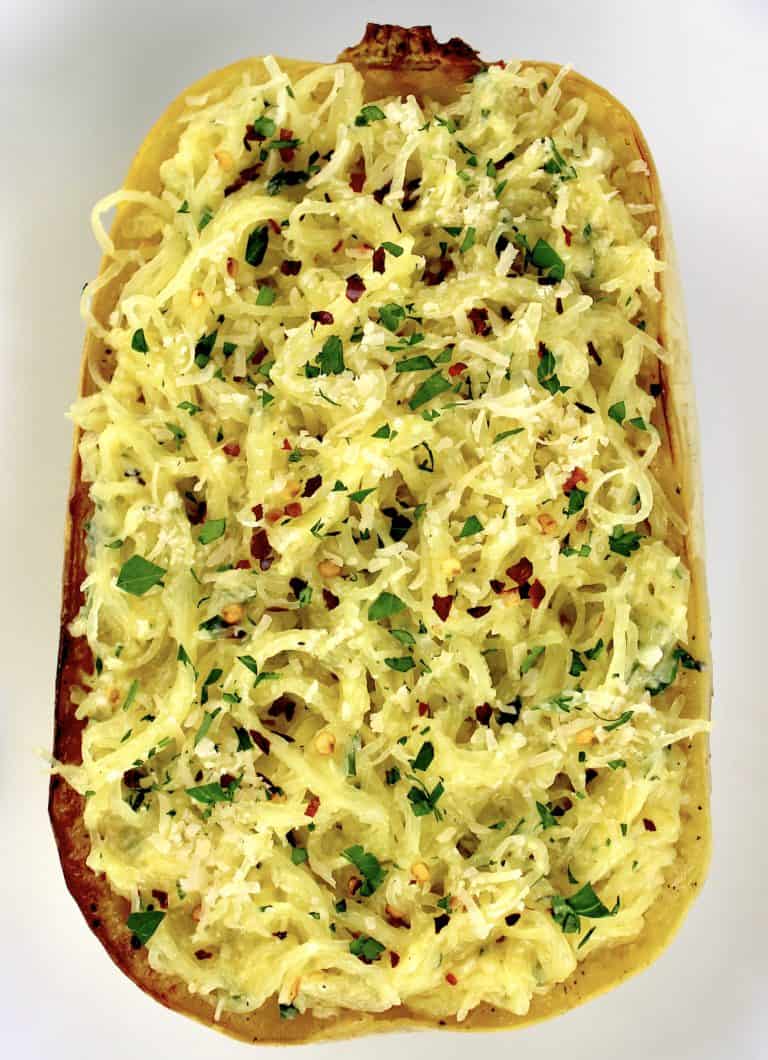 closeup overhead view of Parmesan Garlic Spaghetti Squash