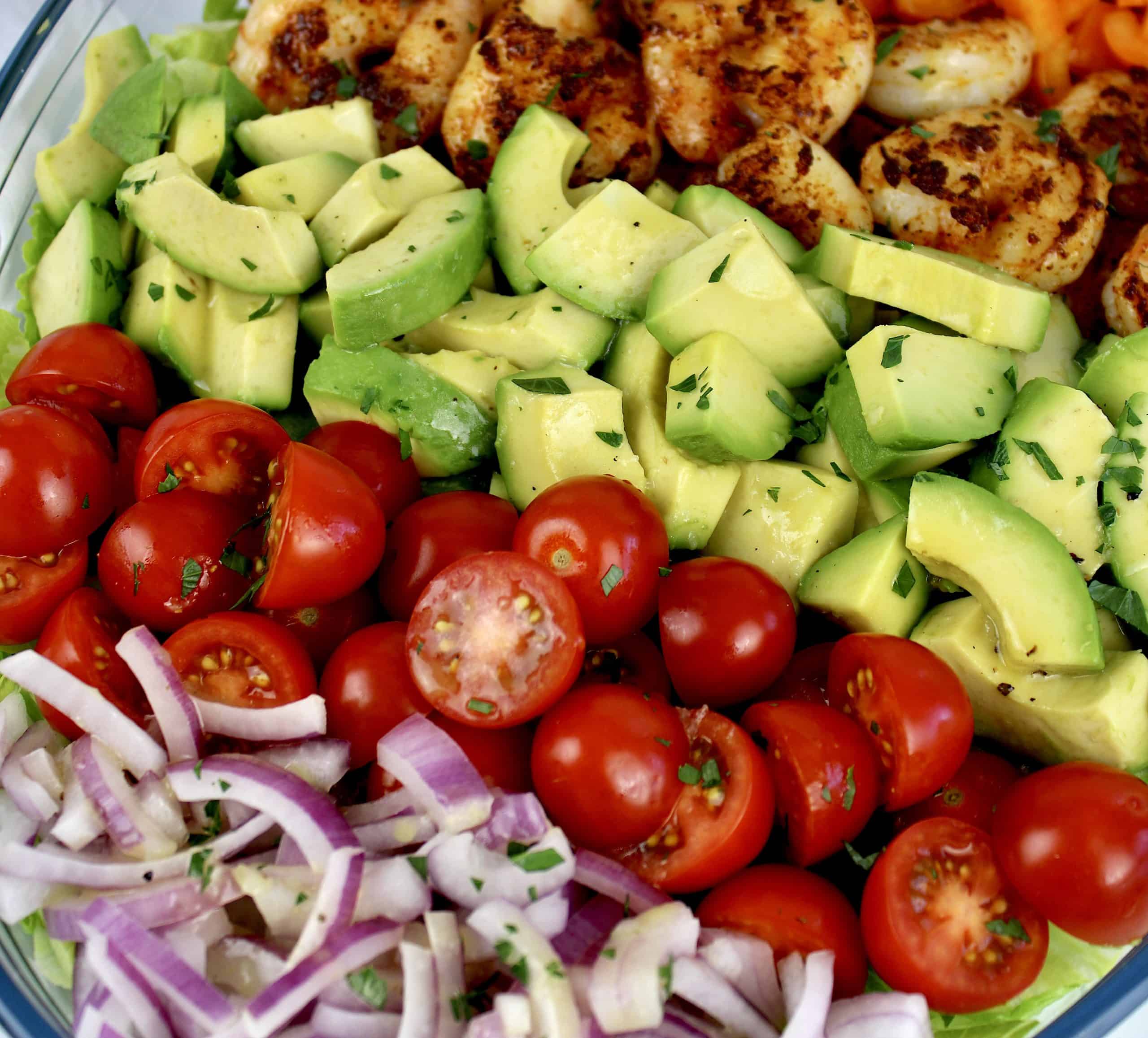 closeup of salad with tomatoes red onion and sliced avocado