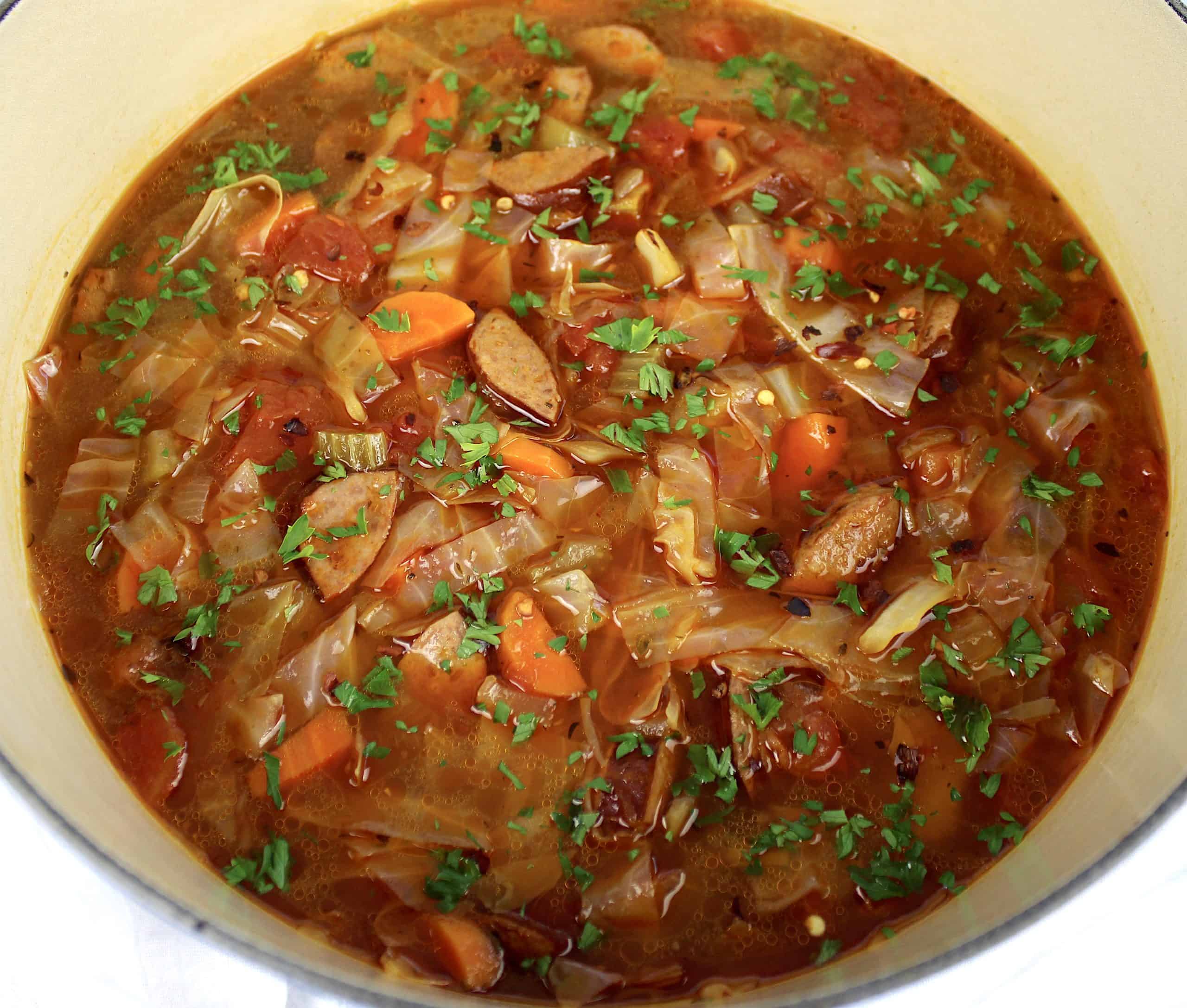 Cabbage Soup with Sausage in pot